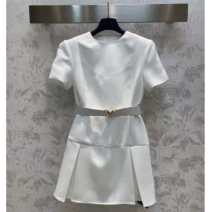 Louis Vuitton Women LV Belted Skater Dress White Short Dress Golden V Logo
