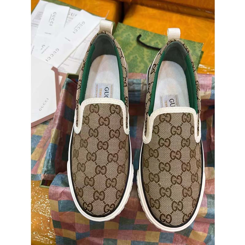 Gucci Unisex GG Tennis 1977 Slip On Sneaker Beige Ebony GG Supreme Canvas