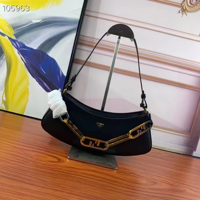 Fendi Women FF O’Lock Swing Mint Black Leather Pouch