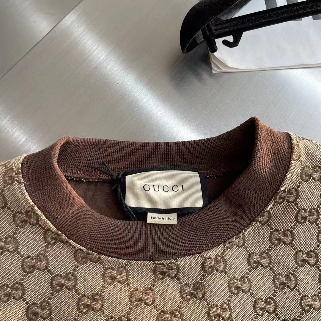 Gucci GG Men Cotton Jersey Sweatshirt GG Canvas Yoke Crewneck Dropped Shoulder Batwing Sleeves