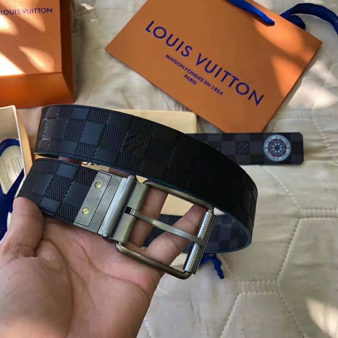 Louis Vuitton LV Unisex Damier Print 40mm Reversible Belt in Damier Canvas-Blue
