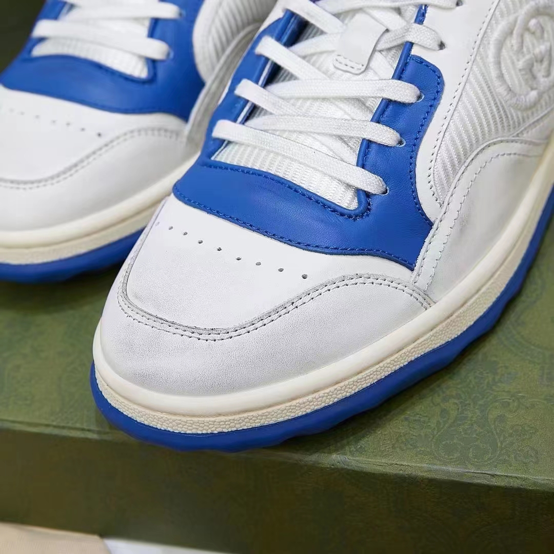 Gucci Unisex GG MAC80 Sneaker Off White Blue Leather Round Toe Rubber Flat