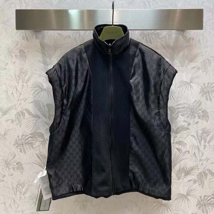 Gucci Women GG Canvas Bomber Jacket High Neck Drawstring Detachable Hood Gilet Dropped Shoulder