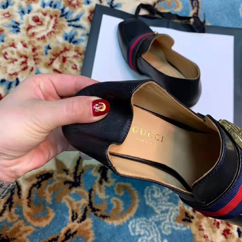 Gucci Women Leather Mid-Heel Loafer 3″ Heel-Black