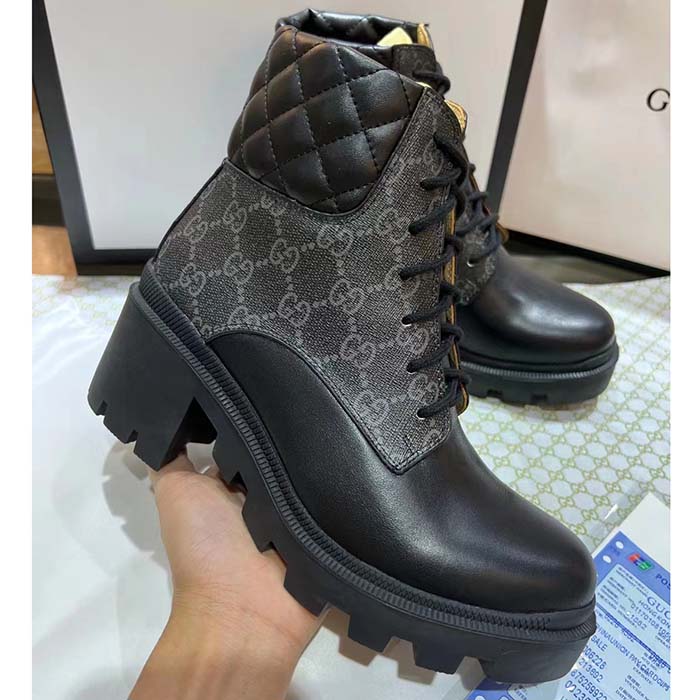 Gucci Women Ankle Boots Black GG Supreme Canvas Rubber Lace-Up High Heel