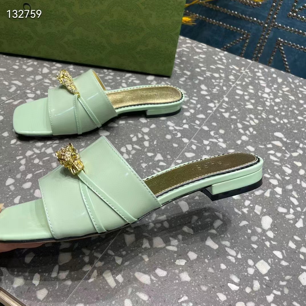 Gucci Women GG Slide Sandal Tiger Head Light Green Leather Flat