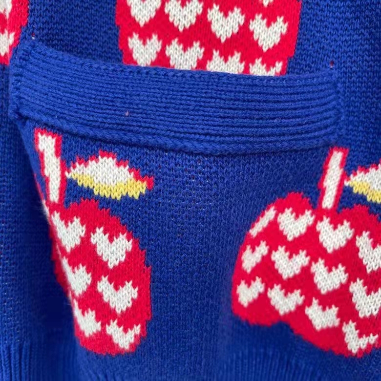 Gucci Women GG Les Pommes Cotton Cardigan Dark Blue Red Apple Knit Cotton Jacquard