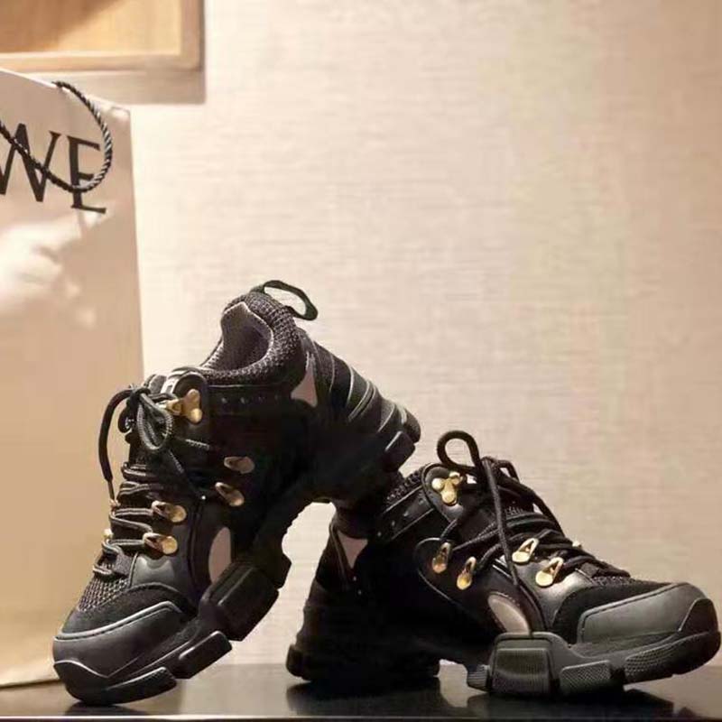 Gucci Unisex Flashtrek Sneaker with Removable Crystals in Black Leather 5.6 cm Heel