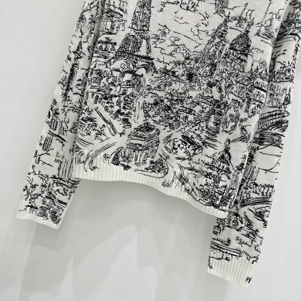 Dior Men Embroidered Sweater White and Black Cashmere Knit with Paris Allover Motif