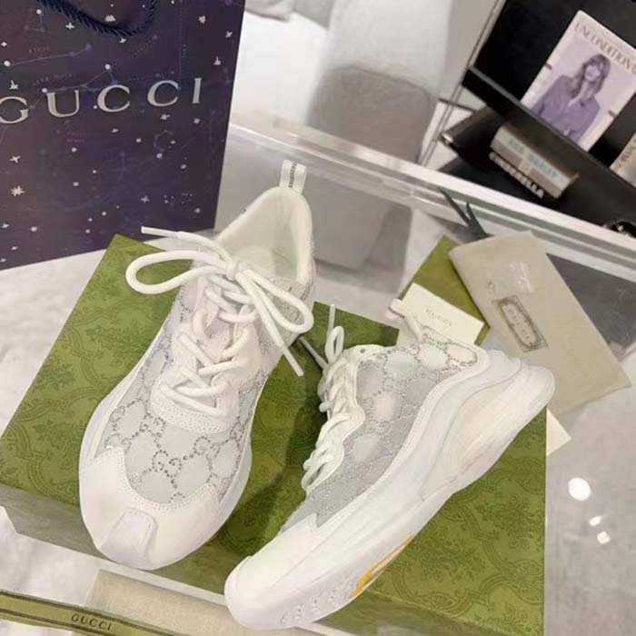Gucci Unisex GG Gucci Run GG Crystal Mesh Sneaker White Suede Mid 6 CM Heel