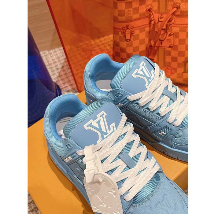 Louis Vuitton Unisex LV Trainer Sneaker Blue Monogram-Embossed Grained Calf Leather