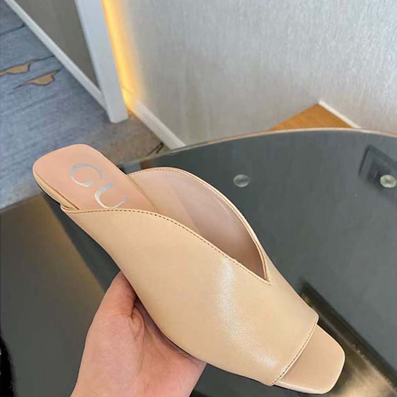 Gucci Women GG Mid-Heel Open-Toe Pump Light Pink Leather Sole 7.6 Cm Heel