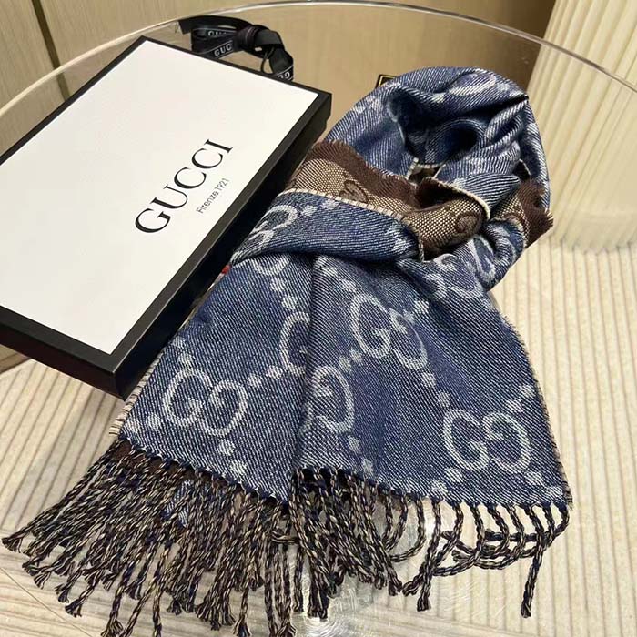 Gucci Unisex GG Jacquard Knit Scarf Tassels Navy Brown Wool