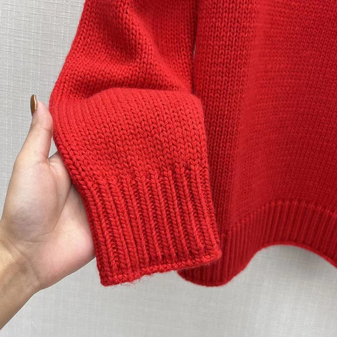 Gucci Women GG Wool Top Gucci Intarsia Red Crewneck Dropped Shoulder Long Sleeves