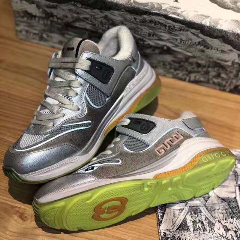 Gucci Unisex Ultrapace Sneaker with Embroidered Gucci and Interlocking G in Metallic Leather-Silver