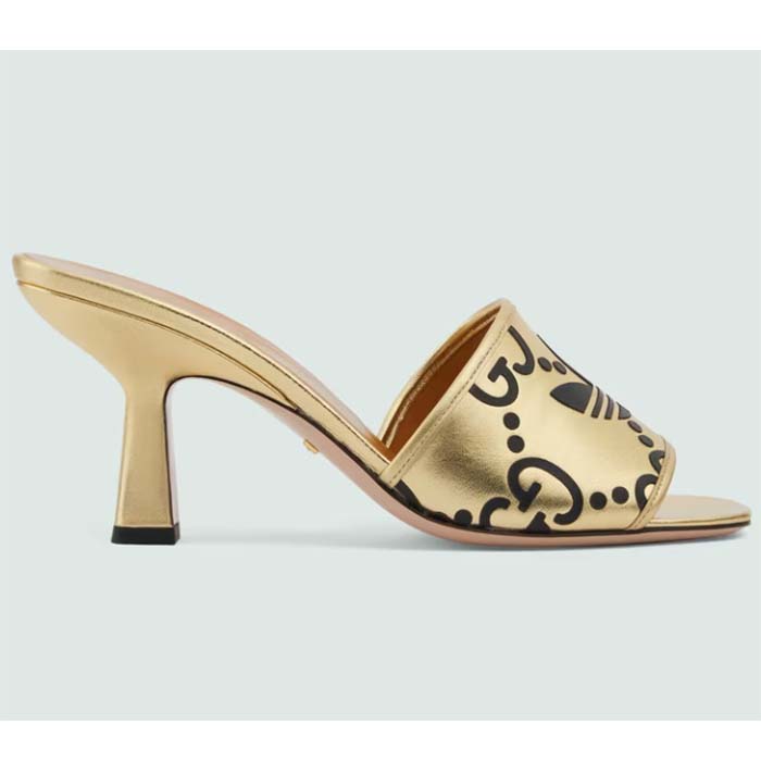 Gucci Women Adidas x Gucci Slide Sandal Gold Metallic GG Trefoil Smooth Leather