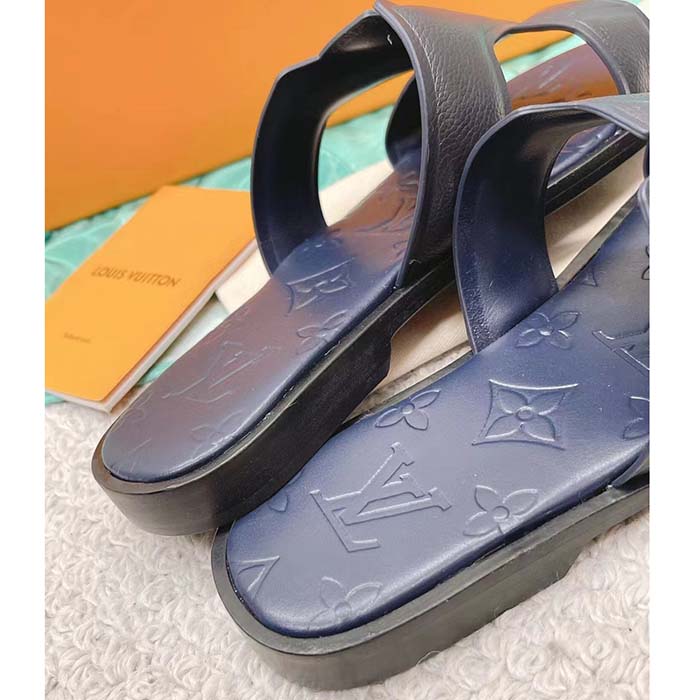 Louis Vuitton LV Unisex Oasis Mule Navy Blue Grained Calf Leather Rubber Outsole