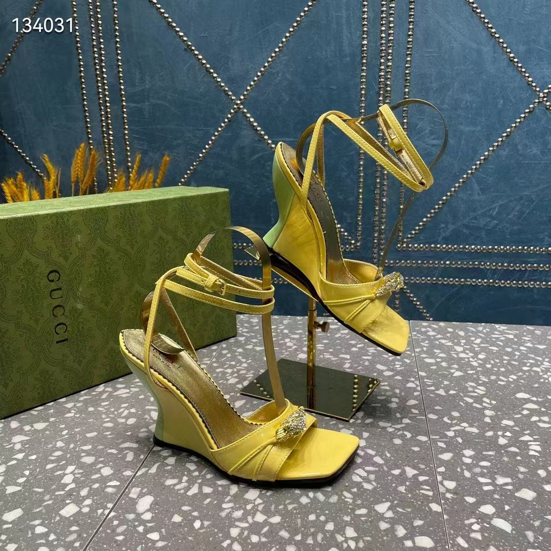 Gucci Women GG High-Heel Sandal Hardware Yellow Patent Leather Square Toe Geometric-Shaped Heel