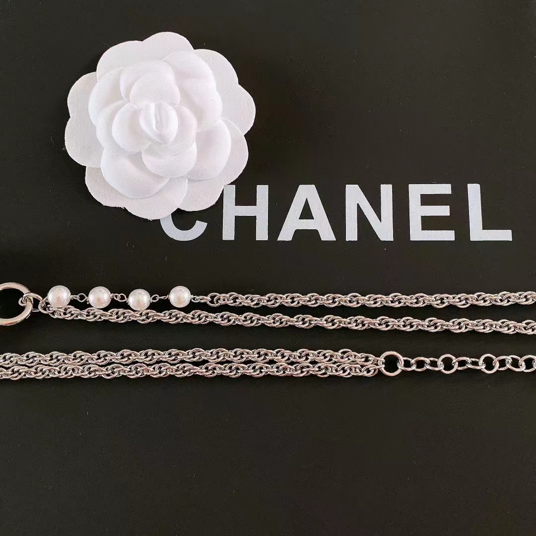 Chanel Women CC Chain Belt Metal Glass Pearls Imitation Pearls Strass Silver Pearly White Crystal