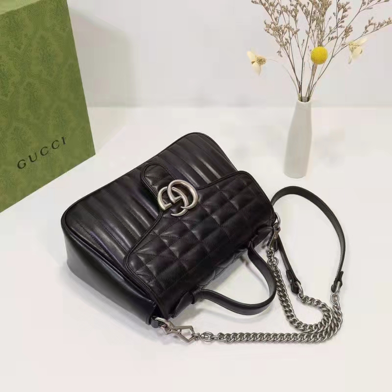 Gucci Unisex GG Marmont Small Top Handle Bag Black Matelassé Leather Double G