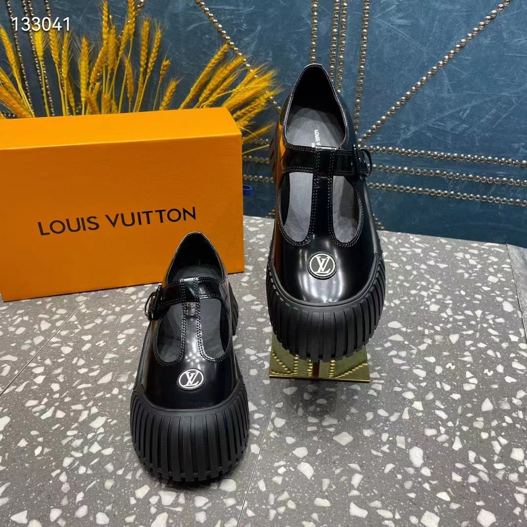 Louis Vuitton Women Ruby Flat Mary Jane Black Calf Leather Rubber LV Circle Signature