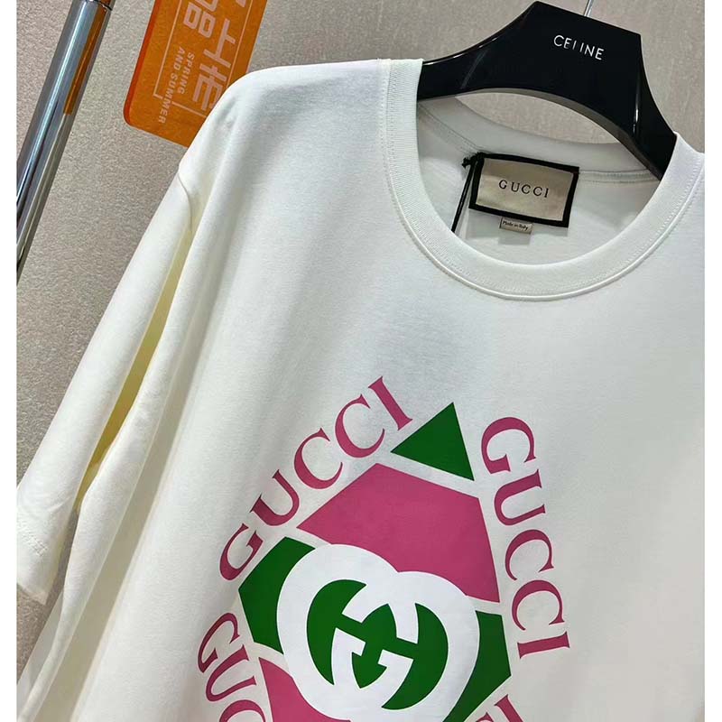 Gucci GG Women Vintage Logo Print T-Shirt Off White Cotton Jersey Crewneck Short Sleeves