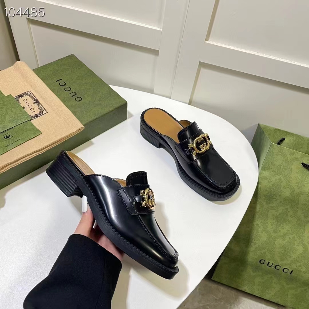 Gucci Women GG Slipper Interlocking G Black Leather Low 2.5 Cm Heel