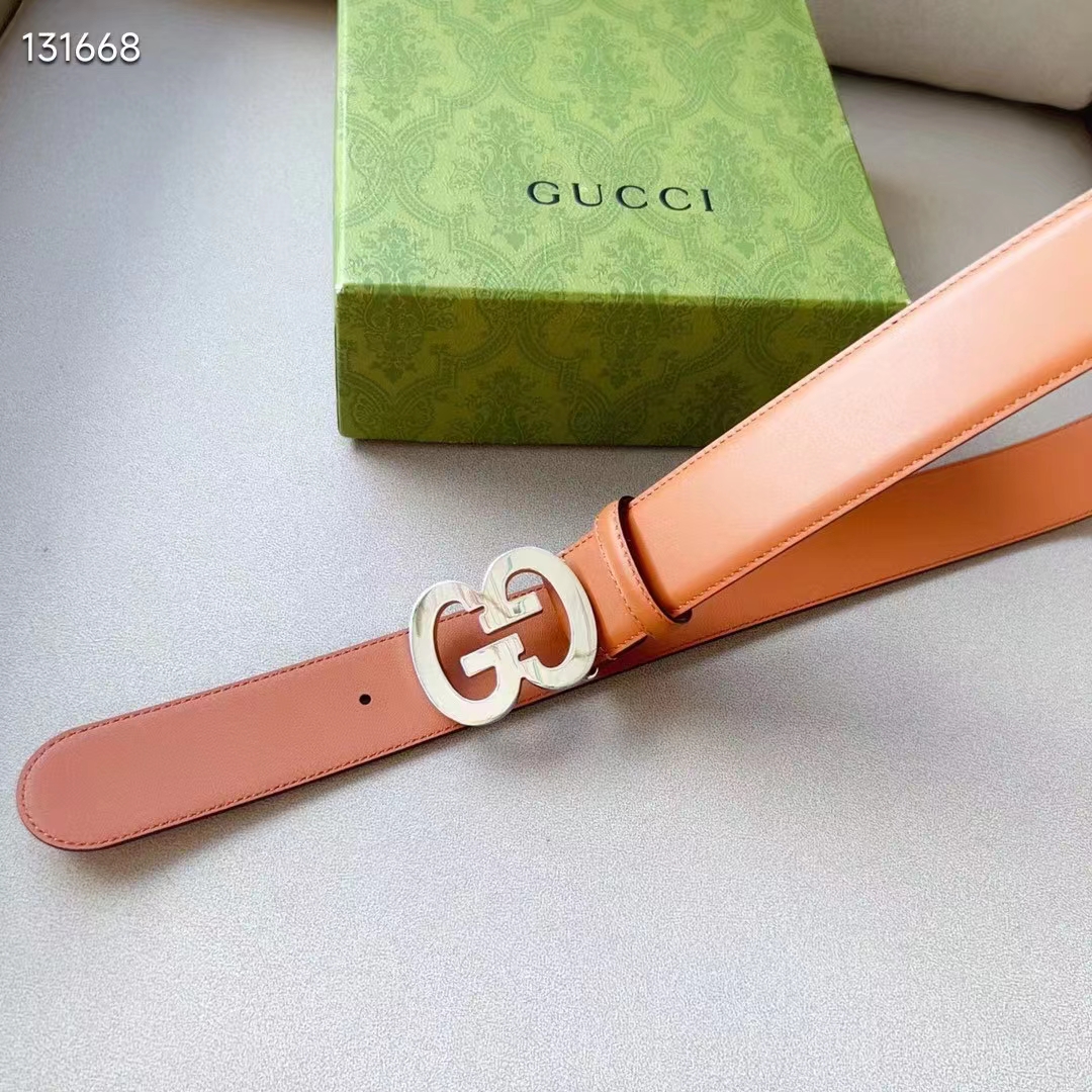 Gucci GG Unisex Buckle Wide Belt Brown Leather Double G 4 CM Width