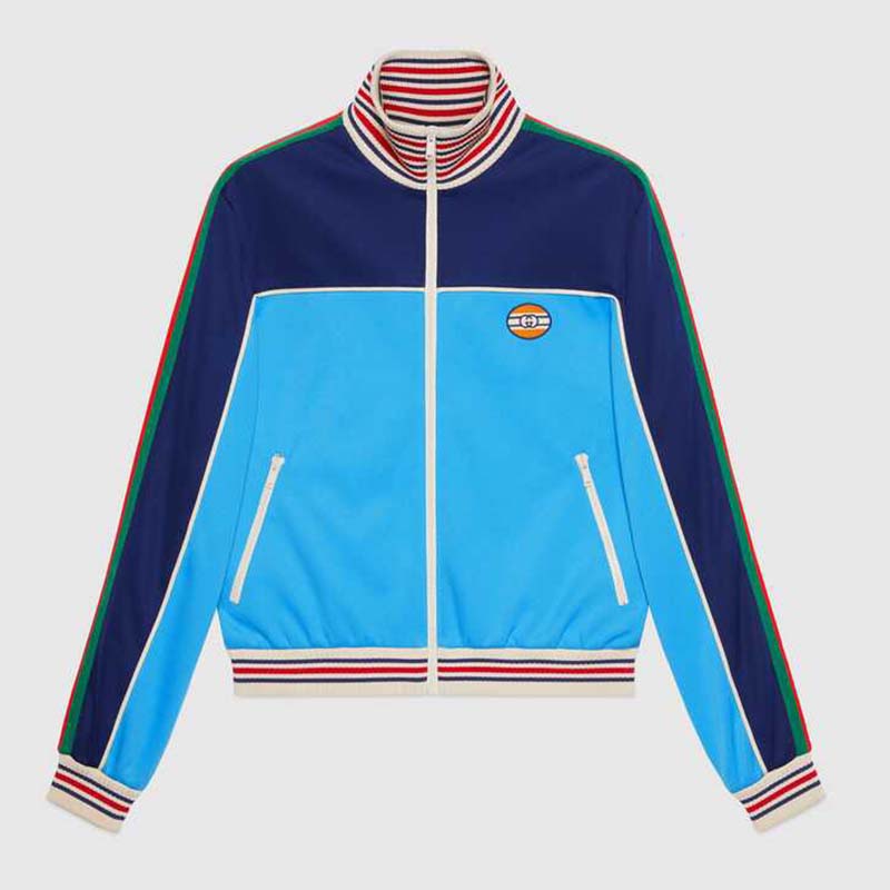Gucci Women Technical Jersey Zip-Up Jacket with Web Interlocking G-Blue