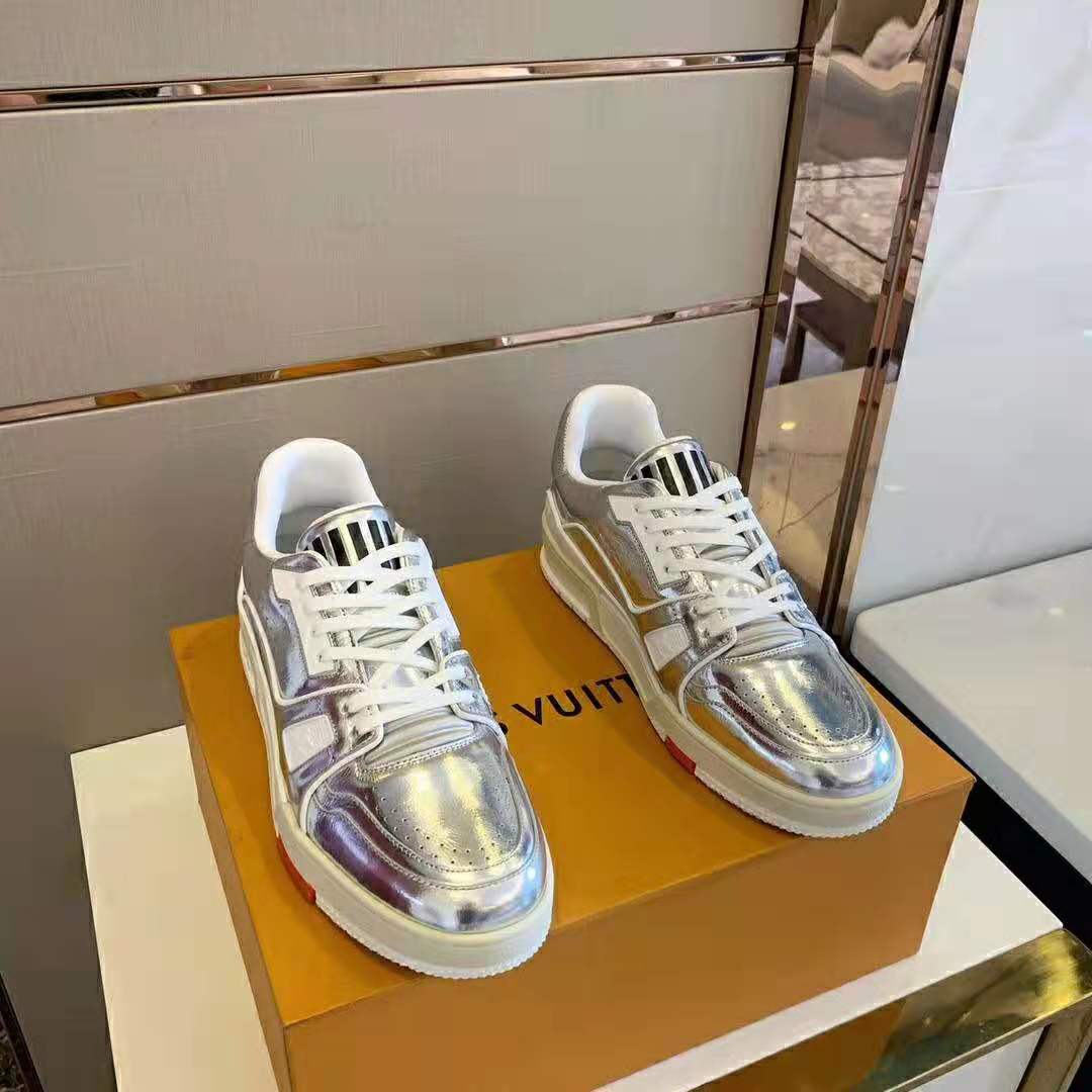 Louis Vuitton LV Men LV Trainer Sneaker in Metallic Silver Leather with Louis Vuitton Script Signature
