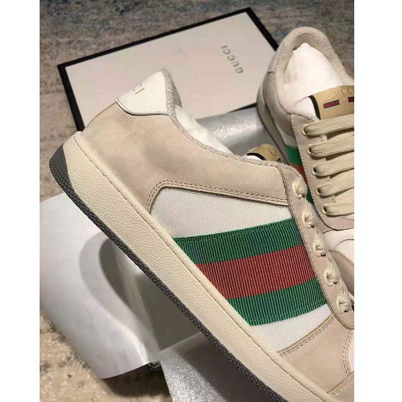 Gucci GG Unisex Screener Leather Sneaker Off-White Leather White Nylon
