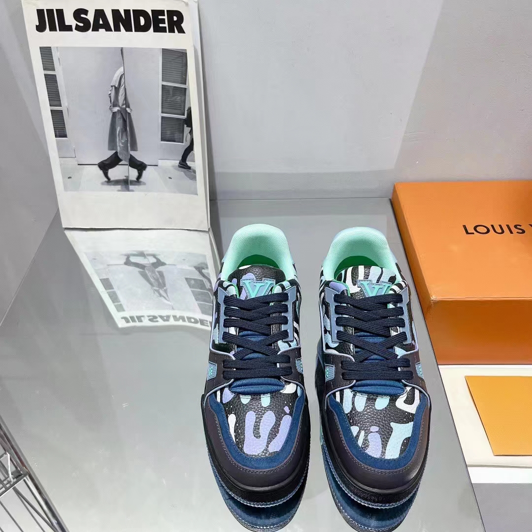 Louis Vuitton Unisex LV x YK LV Trainer Sneaker Navy Blue Camouflage-Printed Canvas Grained Calf
