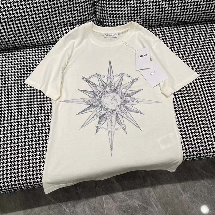 Dior Men CD T-Shirt Ecru Cotton Jersey Linen Blue Rêve D’Infini Motif