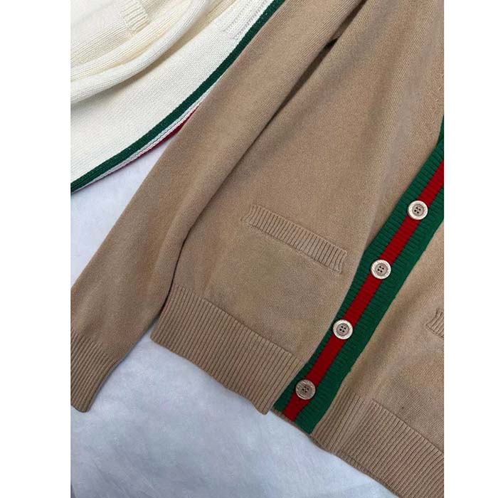 Gucci Women GG Knit Wool Cardigan Web V-Neck Long Sleeves