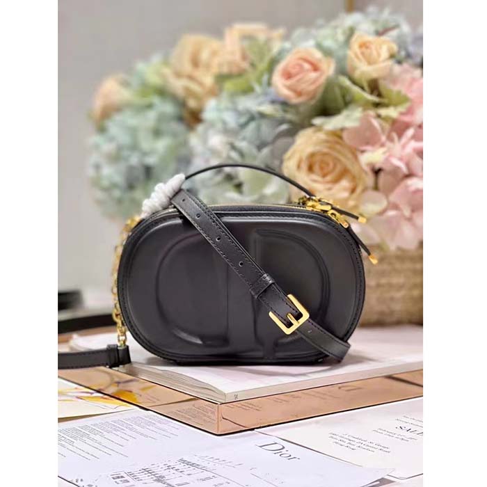 Dior Women CD Signature Oval Camera Bag Black Calfskin Embossed CD Signature