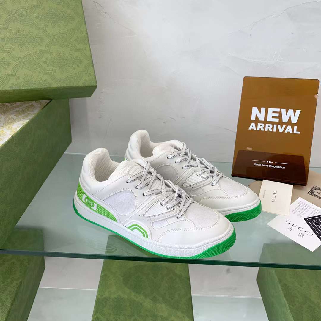 Gucci Unisex Basket Sneaker White Demetra Beige GG Supreme Canvas Low 3.3 Cm Heel