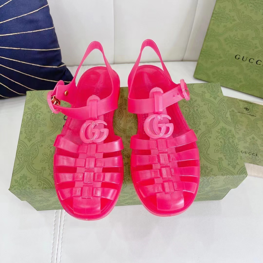Gucci Unisex GG Sandal Double G Pink Transparent Rubber Sole Ankle Buckle Flat