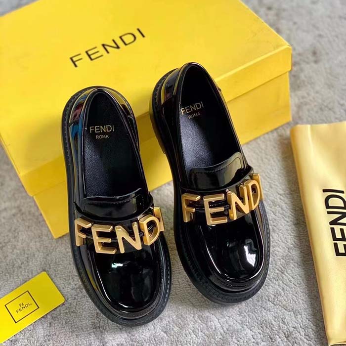 Fendi Women FF Fendigraphy Black Leather Loafers 5 Cm Heel