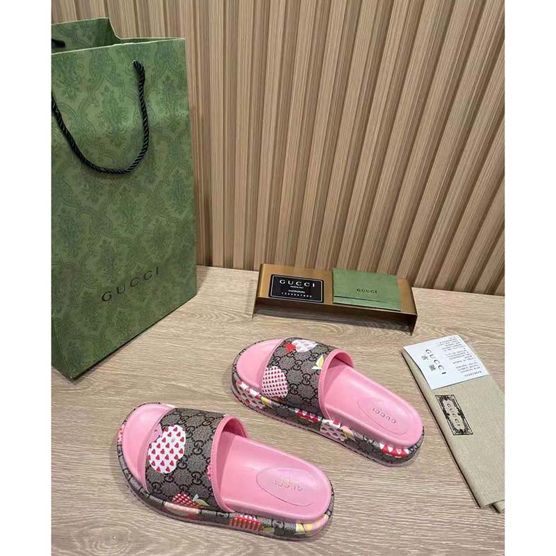 Gucci GG Women Gucci Les Pommes Sandal Beige and Ebony GG Supreme Canvas