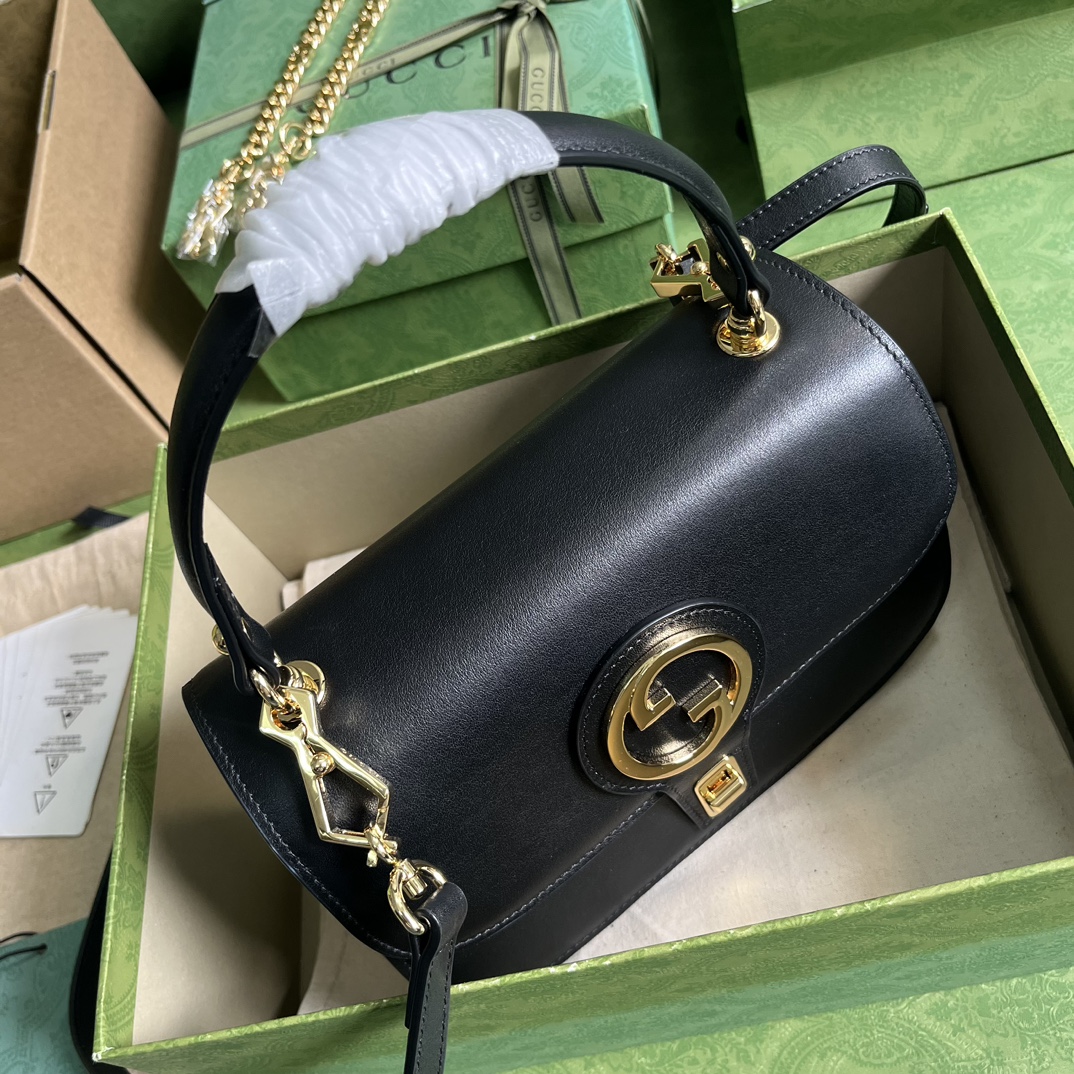 Gucci Women GG Blondie Top-Handle Bag Black Leather Round Interlocking G