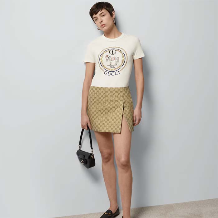 Gucci Women GG Cotton Jersey T-Shirt Interlocking G Crystal Crewneck