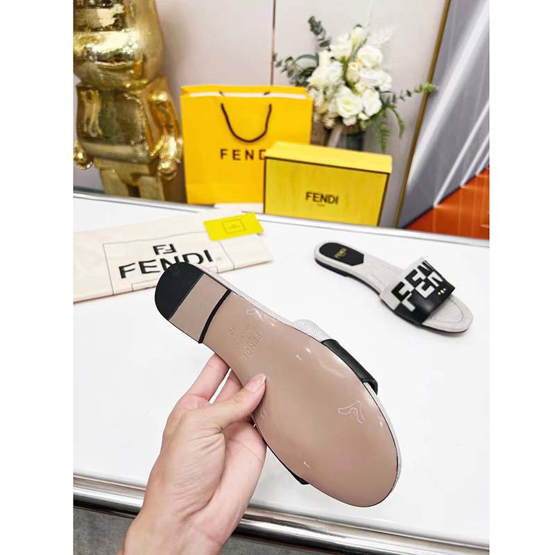 Fendi Women FF Signature Canvas Black Leather Slides 1 Cm Heel