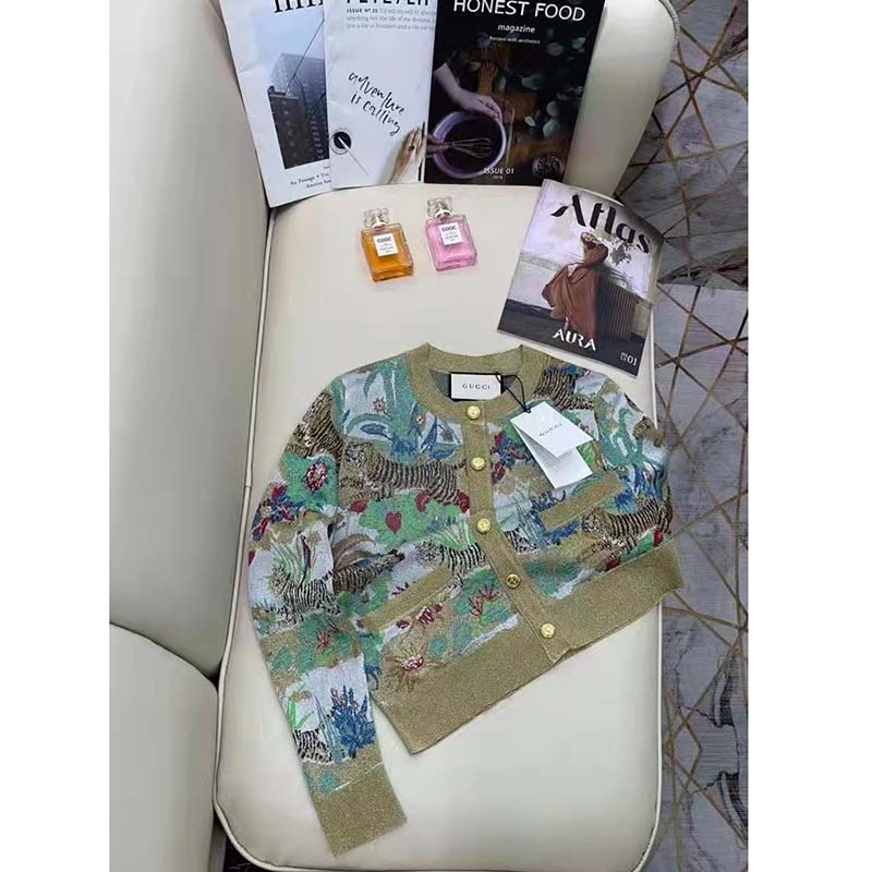 Gucci Women GG Tiger Jacquard Cardigan Gold Green Tiger Flower Extra Fine Lurex Crewneck