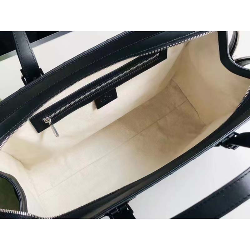 Gucci Unisex GG Embossed Tote Bag Black Leather Cotton Linen Lining