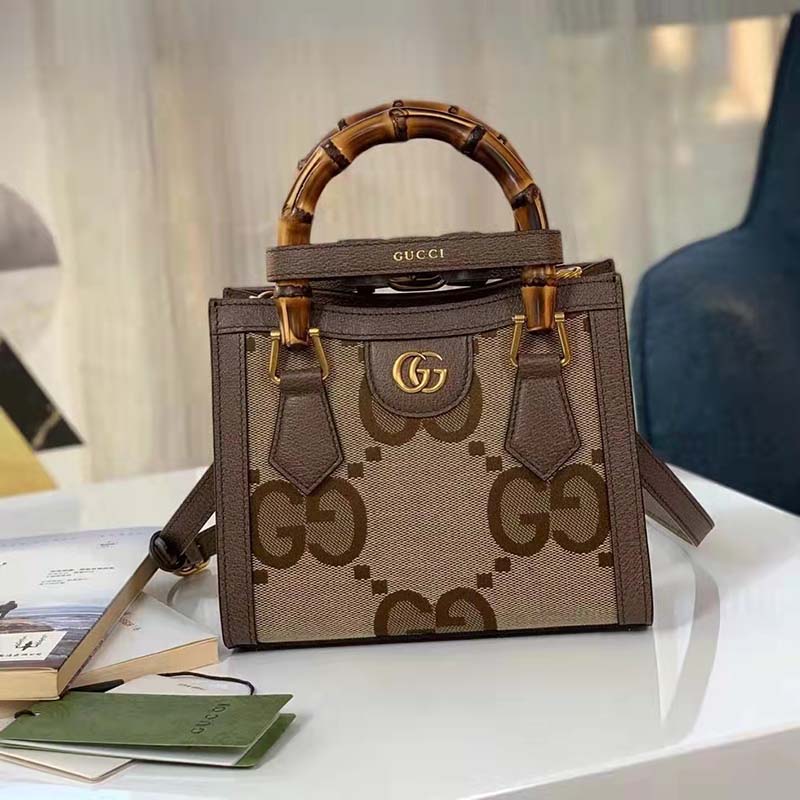 Gucci Unisex Diana Jumbo GG Mini Tote Bag Camel Ebony Jumbo GG Canvas