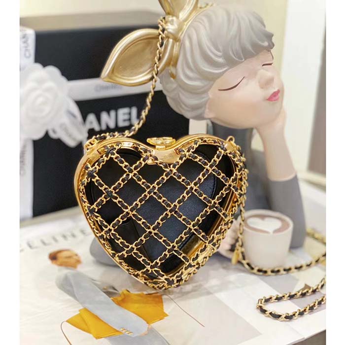 Chanel Women CC Heart Minaudiere Lambskin Gold-Tone Metal Black