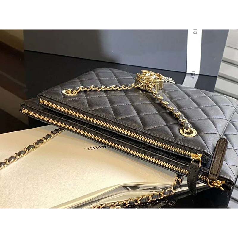 Chanel Women Clutch with Chain in Shiny Lambskin Leather-Black
