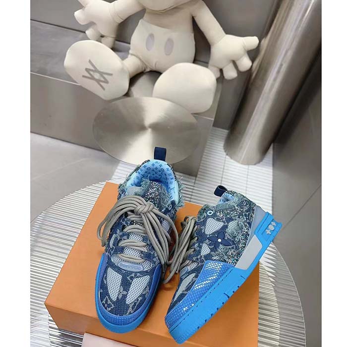 Louis Vuitton Unisex LV Skate Sneaker Blue Swarovski Crystals Monogram Denim Double Laces Rubber