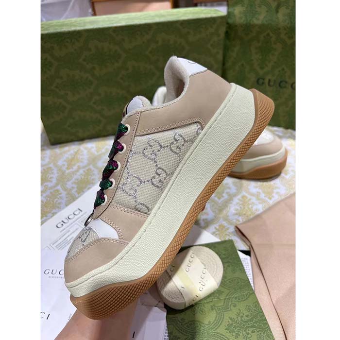 Gucci Unisex Screener Sneaker White GG Lamé Canvas Chunky Laces 4.8 CM Heel