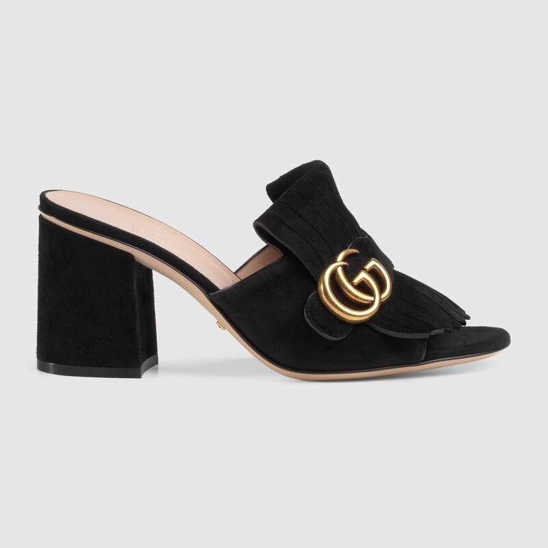 Gucci Women Suede Mid-Heel Slide 75mm Heel-Silver